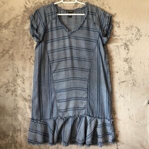 Comfortable 100% Lyocell Striped‎ Ruffle Hem Frayed Shift Dress Blue L